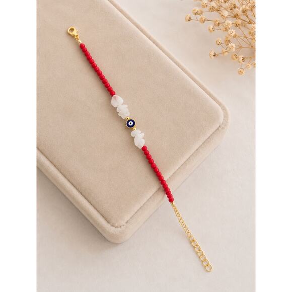 Other Jewelry - Red Evil Eye Beaded Bracelet Gold Tone Adjustable Handmade